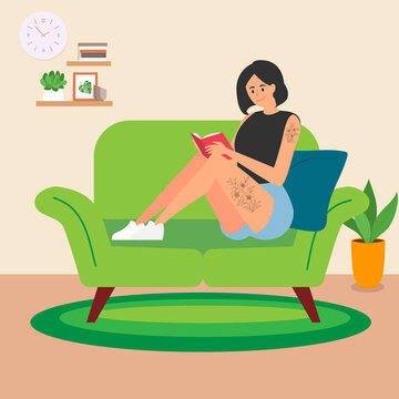 Young cute girl, reading a book at home, illustration concept.