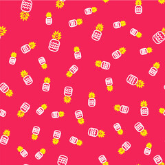 Line Pineapple tropical fruit icon isolated seamless pattern on red background. Vector