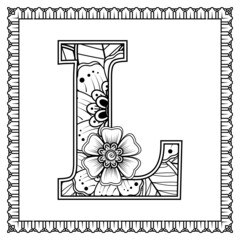 Letter L made of flowers in mehndi style. coloring book page. outline hand-draw vector illustration.
