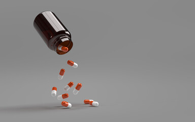 White-orange pills falling from a bottle on a gray background. 3D render.