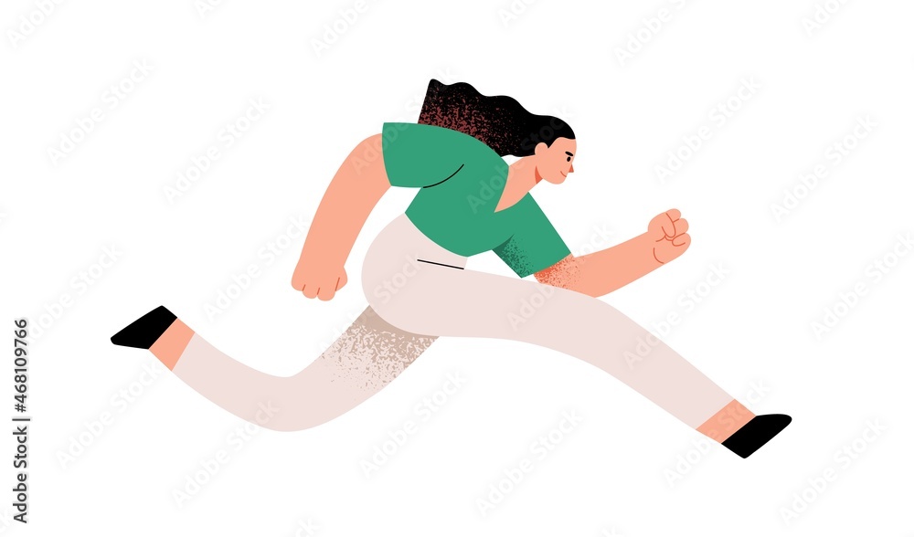 Poster person running fast and rushing. life hurry concept. woman runner with determined aim and ambition m