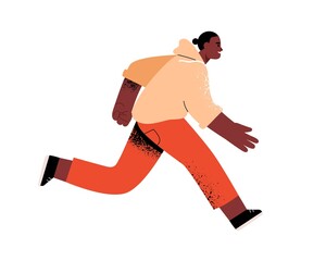 Person running, hurrying and rushing forward to aims and aspirations to succeed in life race. Fast lifestyle concept. Active man runner in motion. Flat vector illustration isolated on white background