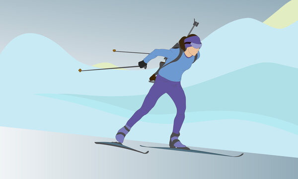 A woman on skis with a sports rifle runs to the next milestone. Women's Biathlon