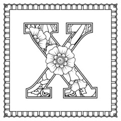 Letter X made of flowers in mehndi style. coloring book page. outline hand-draw vector illustration.