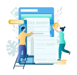 Smartphone, taxpayer characters making tax payments online, vector illustration. Mobile tax form filling app.