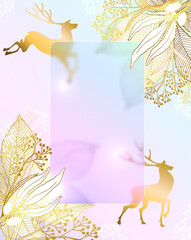 Glass morphism with golden deer and branches of herbs. Transparent bright Christmas background. Abstraction in blue and pastel colors. Vector illustration.