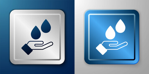 White Washing hands with soap icon isolated on blue and grey background. Washing hands with soap to prevent virus and bacteria. Silver and blue square button. Vector