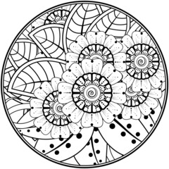 Outline round flower pattern in mehndi style for henna mehndi tattoo decoration.