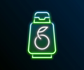 Glowing neon line Bottle of shampoo icon isolated on black background. Colorful outline concept. Vector