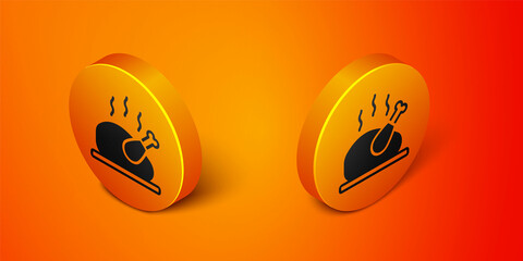 Isometric Roasted turkey or chicken icon isolated on orange background. Orange circle button. Vector