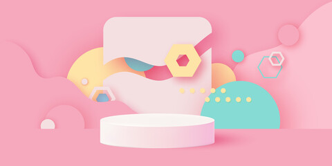 3D Podium scene or pedestal on pastel background with minimal geometric shapes paper cut craft studio for display product mockup design. Waves,circles, hexagons.