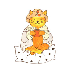 Cute cat in a hat on a pillow with a cup of tea. Relaxation.