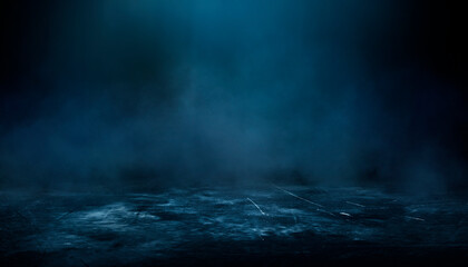 Dark street, wet asphalt, reflections of rays in the water. Abstract dark blue background, smoke,...