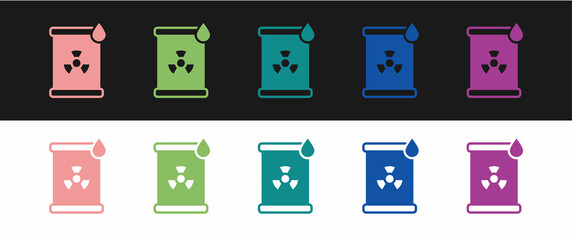 Set Radioactive waste in barrel icon isolated on black and white background. Toxic refuse keg. Radioactive garbage emissions, environmental pollution. Vector