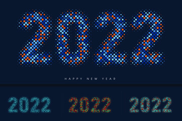 Happy New Year 2022. Background Template. Holiday Vector Illustration of 2022 number halftone hexagon, Poster or Banner Design Background, Happy New Year Modern Vector, with particles.