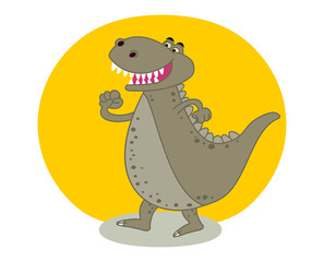 Smiling grey crocodile dinosaur with large pointed teeth and yellow decoration 