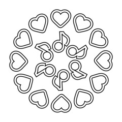 Coloring book page fot kids . Music concert festival doodle . Musical notesand heart. A hand-drawn round composition, mandala .