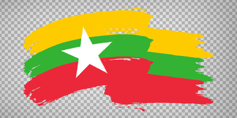 Flag of Myanmar from brush strokes. Waving Flag of  Myanmar on transparent background for your web site design, app, UI. Stock vector. EPS10.