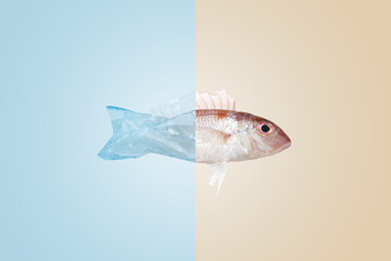 Fresh fish with a half of plastic metaphor micro plastic is contamination in organisms of marine...