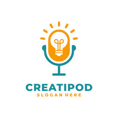 Creative podcast logo vector with bulb and microphone symbol