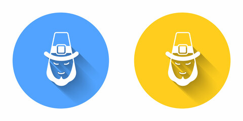 White Leprechaun icon isolated with long shadow background. Happy Saint Patricks day. National Irish holiday. Circle button. Vector