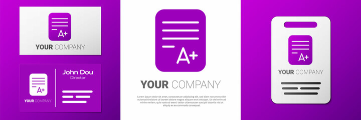 Logotype Exam sheet with A plus grade icon isolated on white background. Test paper, exam, or survey concept. School test or exam. Logo design template element. Vector