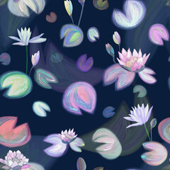 Seamless pattern, water lilies, art background, painting, canvas texture, paint texture.