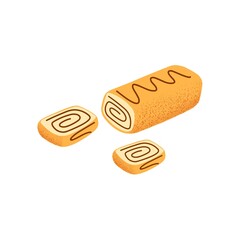Swiss roll cake from sponge dough, chocolate cream and topping. Sweet baked dessert. Yummy swirled pastry. Colored flat graphic vector illustration of bakery isolated on white background