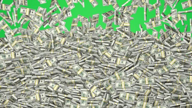 Dollar bills falling from above. Stacks of banknotes fill the screen frame. 16-bit depth animation with chroma key.