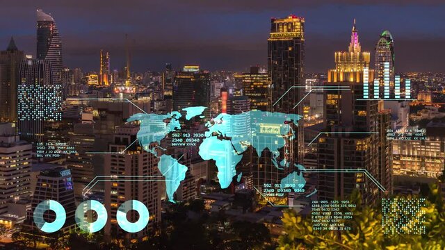 Stock exchange market and investment, corporate finance stock graph chart price data analytics economy report and world map with business district city building background