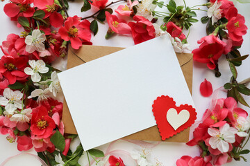 happy valentine's day greeting card. bouquet of flowers and red heart on white background 