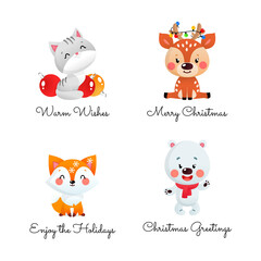 Set of winter holidays greetings with cute cartoon animals. Christmas illustrations of a little deer, a gray kitten, a polar bear and a red foxy in winter isolated on a white background.