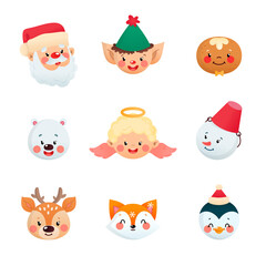 Set of cute cartoon Christmas character icons. Collection of funny faces of a Santa Claus, a deer, a gingerbread man, an angel, an elf, a snowman, a fox, a polar bear and a penguin. 