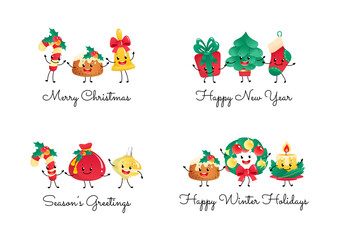Set of winter holidays greetings with funny characters. Christmas illustration of a cute dancing christmas pudding, a wreath, a candle and a candy cane isolated on a white background.