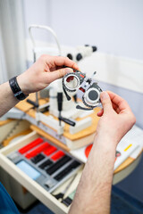 Clinic optometry instrument. Eyesight medical professional correction.