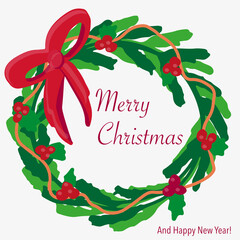 Merry christmas holiday card with traditional spruce wreath .Vector illustration