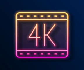 Glowing neon line 4k movie, tape, frame icon isolated on black background. Vector