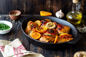 Baked chicken with oranges, garlic and mint. Recipe.