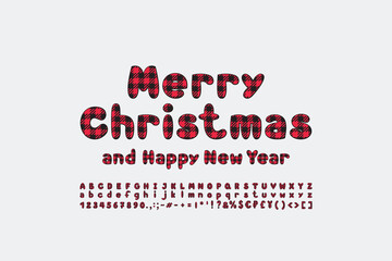 Fototapeta na wymiar Stylish greeting card Merry Christmas and Happy New Year. Cartoon bubble alphabet with red square plaid pattern on white background. Winter season decoration