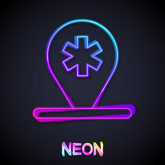 Fototapeta premium Glowing neon line Medical map pointer with cross hospital icon isolated on black background. Vector