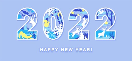 Happy New Year 2022 numbers design. Laser cut template with deer, fox, winter landscape, squirrel, snowflakes, stars. Cover for diary. Vector illustration.