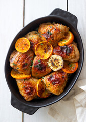 Baked chicken with oranges, garlic and mint. Recipe.