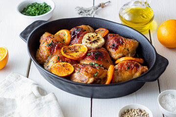 Baked chicken with oranges, garlic and mint. Recipe.