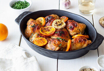 Baked chicken with oranges, garlic and mint. Recipe.