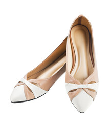 Pair of beige women's shoes isolated on a white background.