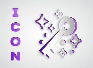 Paper cut Old magic key icon isolated on grey background. Paper art style. Vector