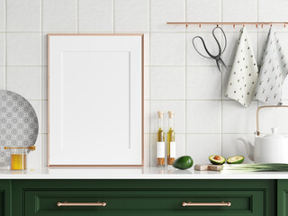 poster mockup, kitchen frame mockup, modern kitchen interior, 3d render