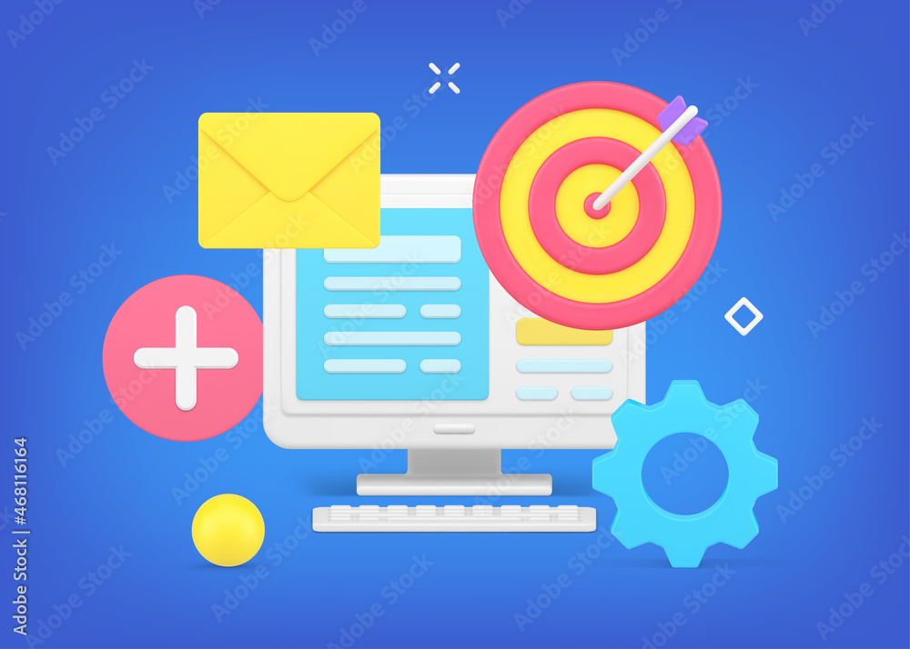 Poster computer desktop with open information file with machine mechanism, target aim, new email envelope