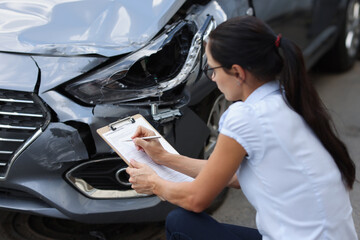 Young woman agent sitting near broken car and writing information into documents