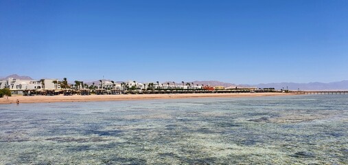 Beautiful seascape in Egypt. Clear sea and blue sky. Calm at sea. Rest on the Red Sea in Egypt.